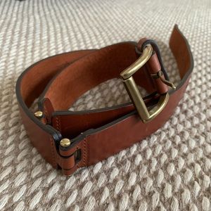 Cole Haan mid-brown leather belt (1.5” wide) with brass hinge details